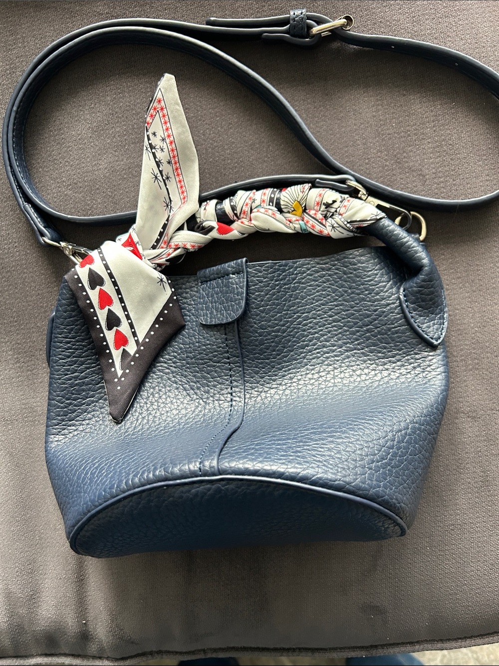 Casual Pebbled Shoulder Bag in Navy with Scarf Accent